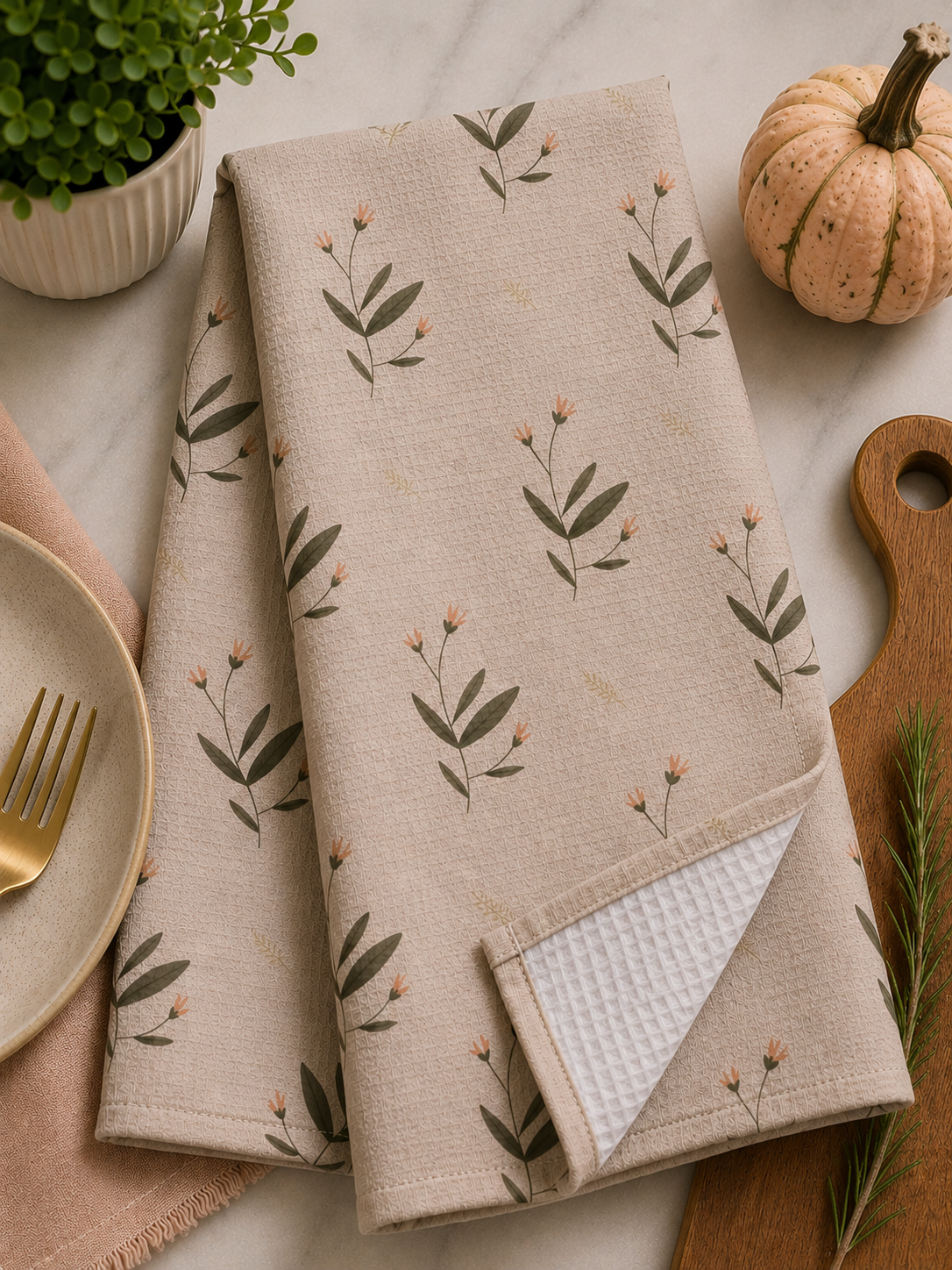 Blush Wildflower Sprigs Tea Towel — Neutral Botanical Kitchen Towel