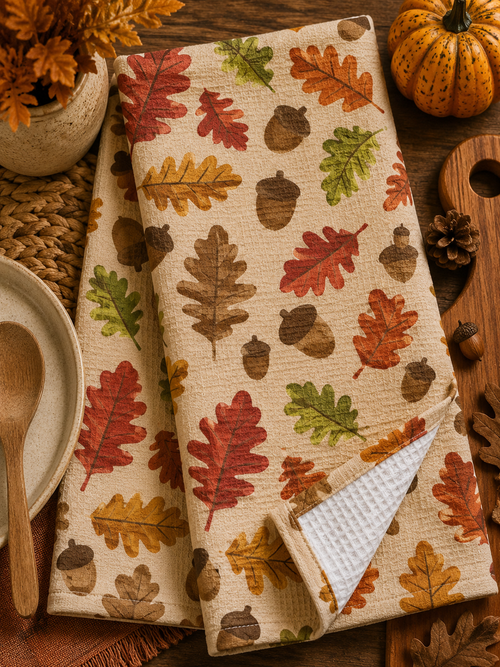 Autumn Oak Leaves & Acorns Microfiber Tea Towel — Fall Kitchen Towel