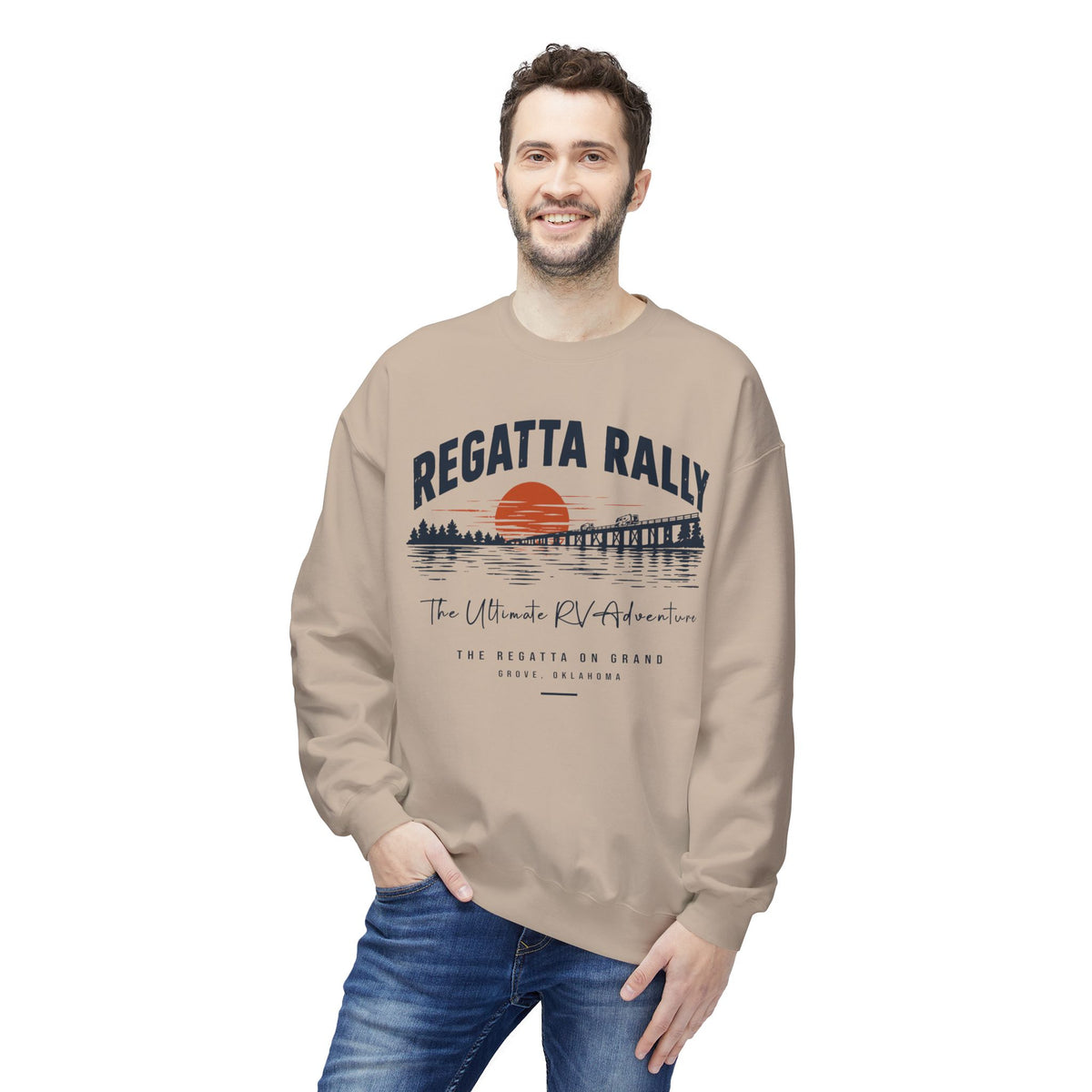 Regatta Rally Crewneck Sweatshirt — Scenic Sunset Waterfront RV Adventure